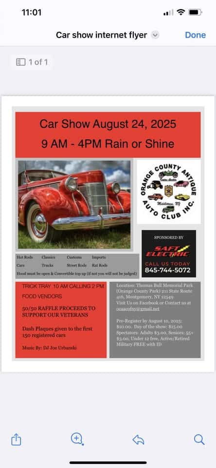 Orange County Antique Auto Club car show event at Rt. 416 in Montgomery, NY on August 24, 2025