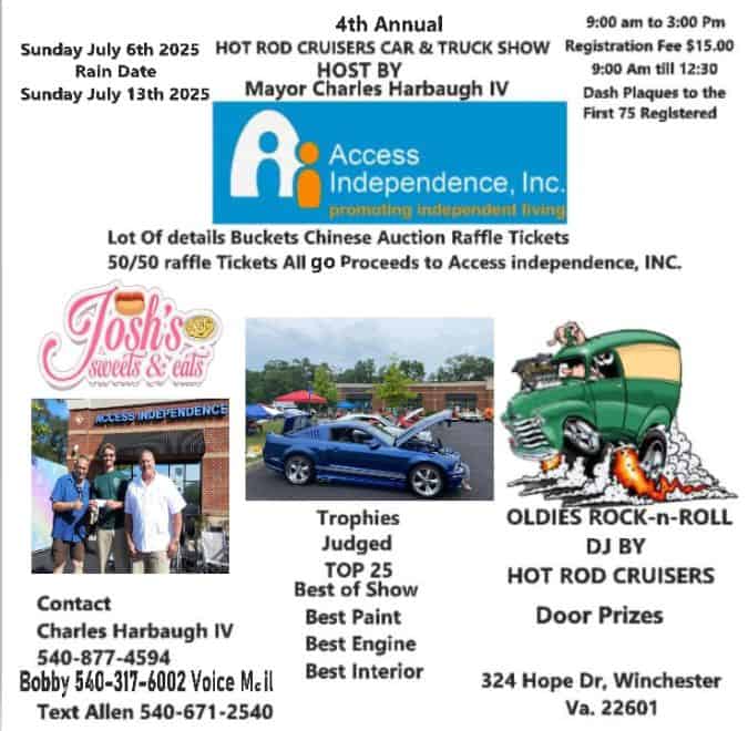 Access Independence Inc car show Host By Mayor Charles Harbaugh IV event at 324 Hope Drive in Winchester, VA on July 6, 2025