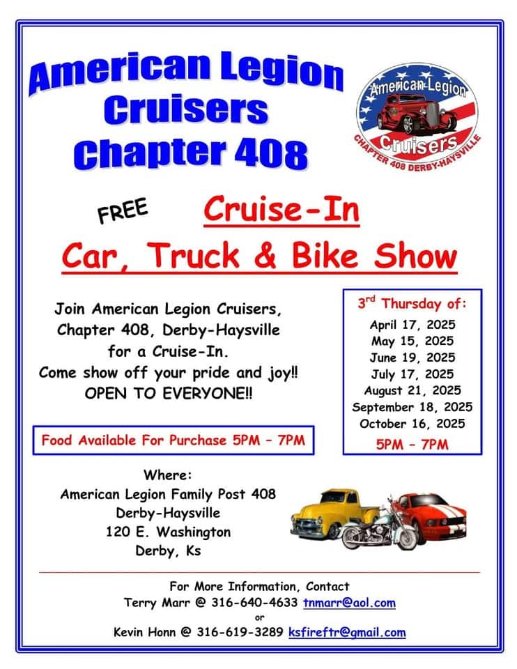 American Legion Cruisers Chapter 408 Cruise-In Car, Truck and Bike Show event at 120 E Washington Ave in Derby, KS on May 15, 2025