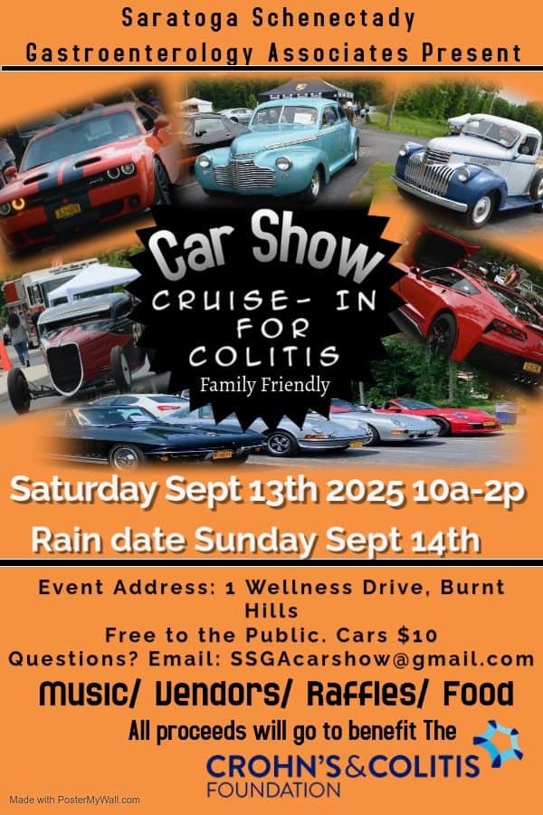 Car Show-Cruise In For Colitis event at 1 Wellness Drive in Burnt Hills, NY on September 13, 2025