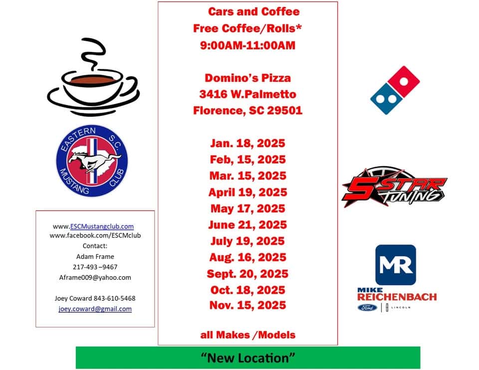 cars and Coffee New Location event at 723 Us-76 in Timmonsville, SC on June 21, 2025