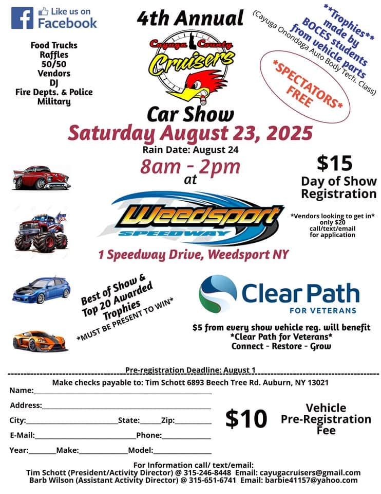 Cayuga County Cruisers Car Show event at 1 Speedway Dr in Weedsport, NY on August 23, 2025