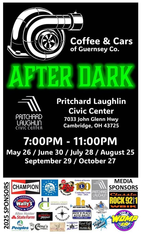 Coffee & Cars Of Guernsey Co. After Dark event at Pritchard Laughlin Civic Center in Cambridge, OH on May 26, 2025
