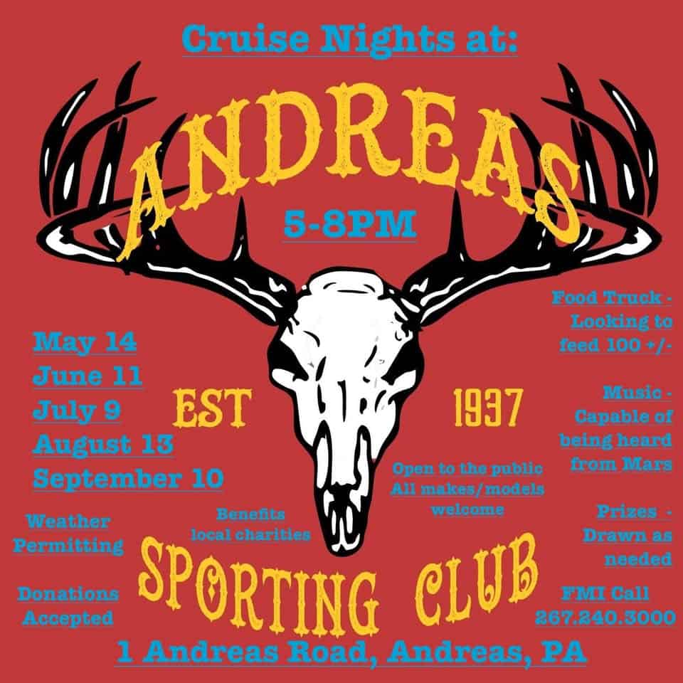 Cruise Nights at Andreas Sporting Club event at 1 Andreas Rd in Andreas, PA on May 14, 2025