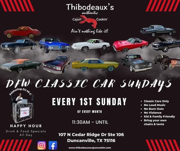 DFW Classic Car Sundays with DJ Hi-C at Thibodeaux's event at Thibodeaux's Cajun Cooking in Duncanville, TX on April 2, 2025