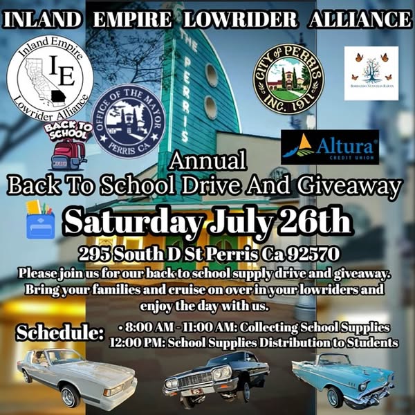 Inland Empire Lowrider Alliance Annual Back to School Drive and Giveaway event at Inland Empire Lowrider Alliance in Perris, CA on July 26, 2025