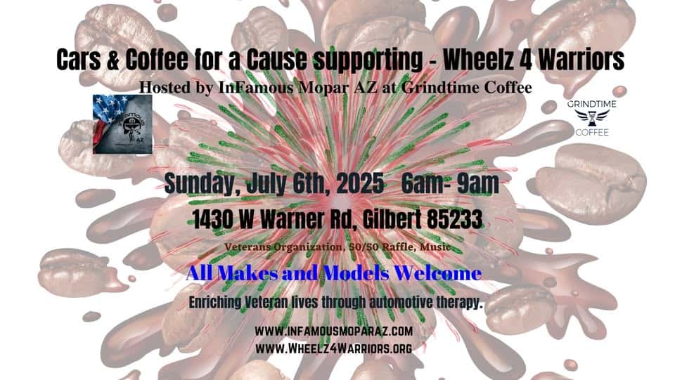 July Cars and Coffee for a Cause event at 1422 W Warner Rd in Gilbert, AZ on July 6, 2025