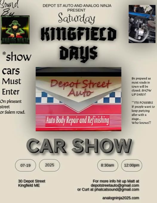 Kingfield Days Car Show event at Depot Street Auto in Kingfield, ME on July 19, 2025