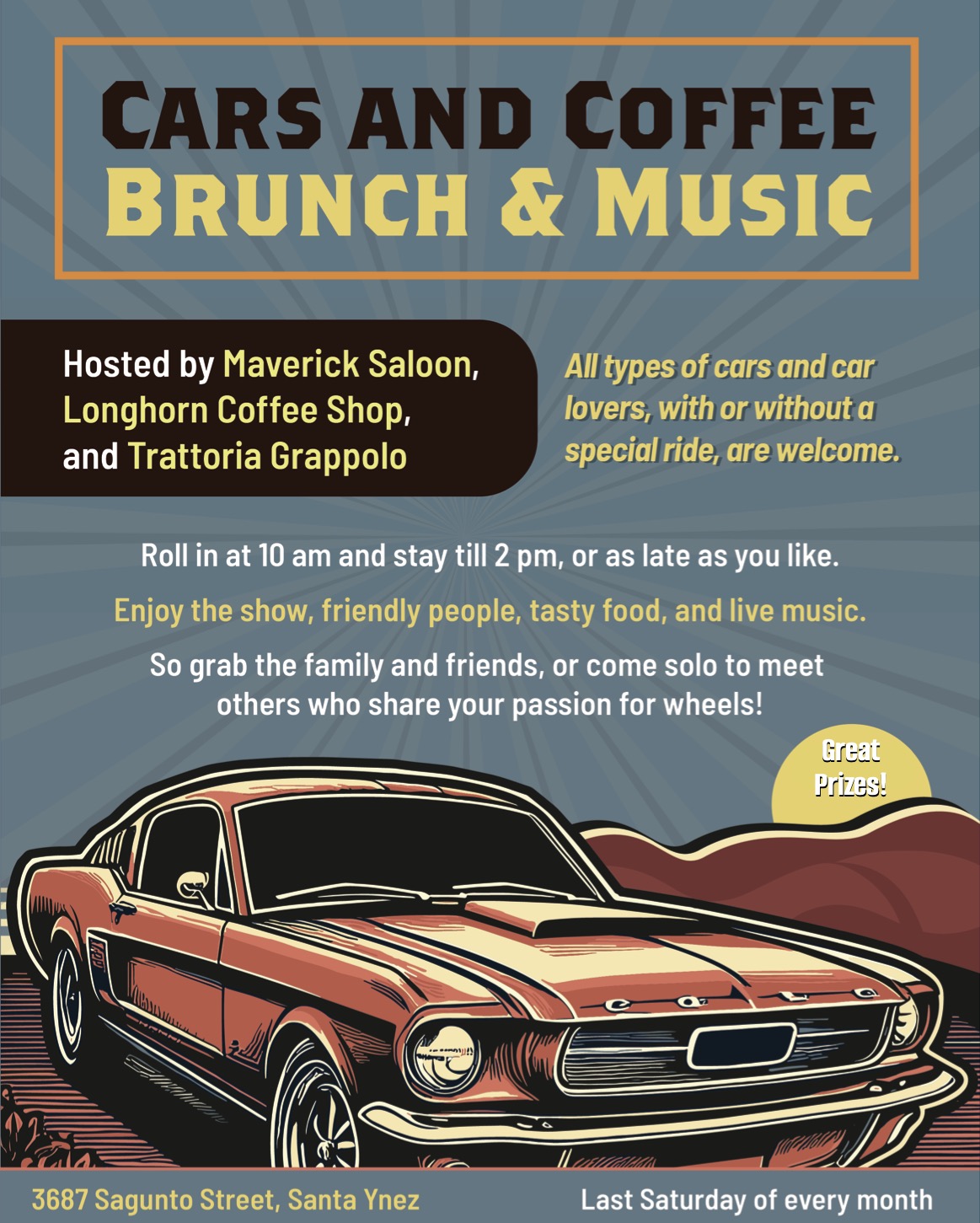 Santa Ynez Cars and Coffee Brunch & Music event at Maverick Saloon in Santa Ynez, CA on May 31, 2025