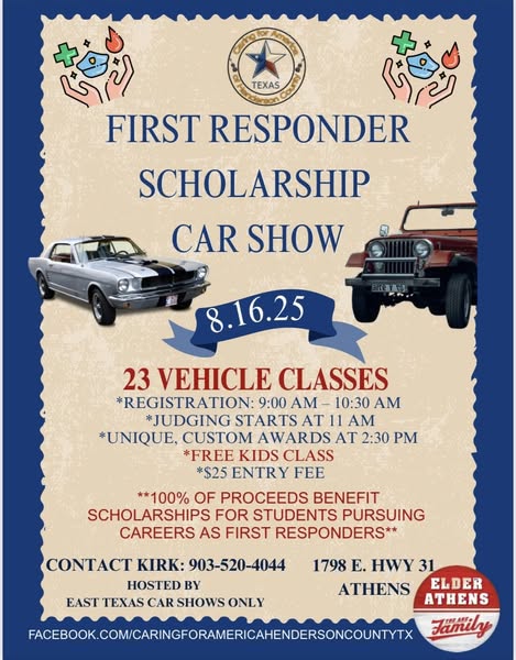 Texas First Responder Scholarship Car Show event at Athens Elder in Athens, TX on August 16, 2025