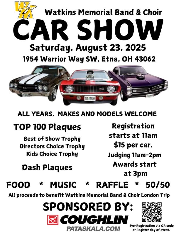 Watkins Memorial Band & Choir Car Show event at Watkins Memorial High School in Etna, OH on August 23, 2025