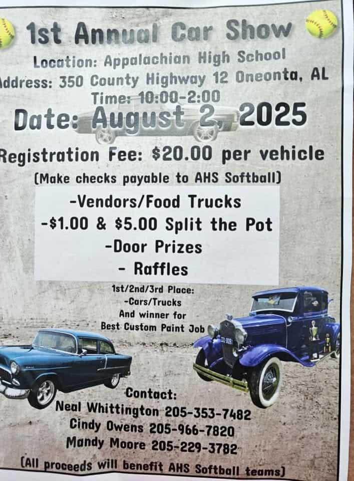 1st Annual Appalachian car show event at 350 County Highway 12 in Oneonta, AL on August 2, 2025