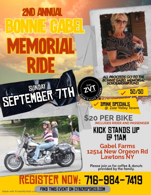2nd Annual Bonnie Gabel Memorial Ride event at Gabel Farms & Zoar Valley Tavern in Lawtons, NY on September 7, 2025