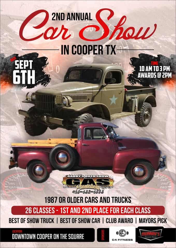 2nd Annual Car Show in Dowtown Cooper TX event at 51 N Side Sq in Cooper, TX on September 6, 2025