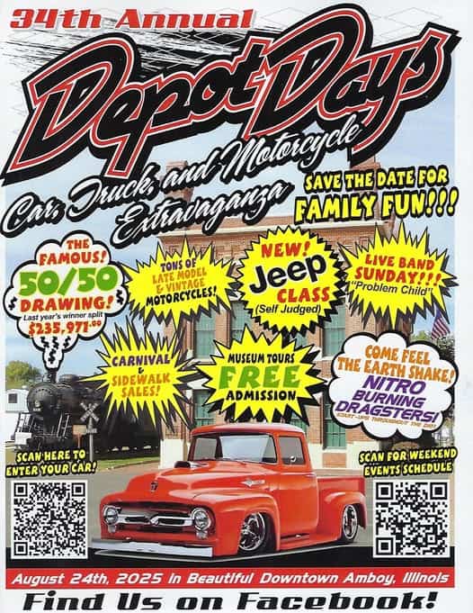 34th Annual Depot Days Motorcycle Cars Trucks Extravaganza event at Downtown Amboy in Amboy, IL on August 24, 2025