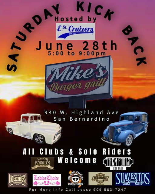 Back Saturday Kick event at Mike's Burger Grill in San Bernardino, CA on June 28, 2025