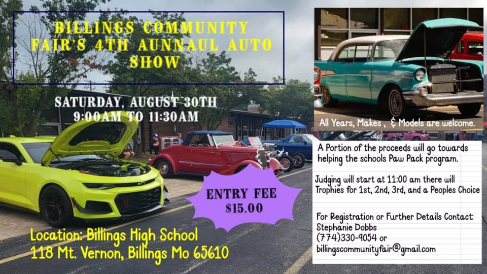 Billings Community Fair Car show event at 118 W Mt Vernon Rd in Billings, MO on August 30, 2025