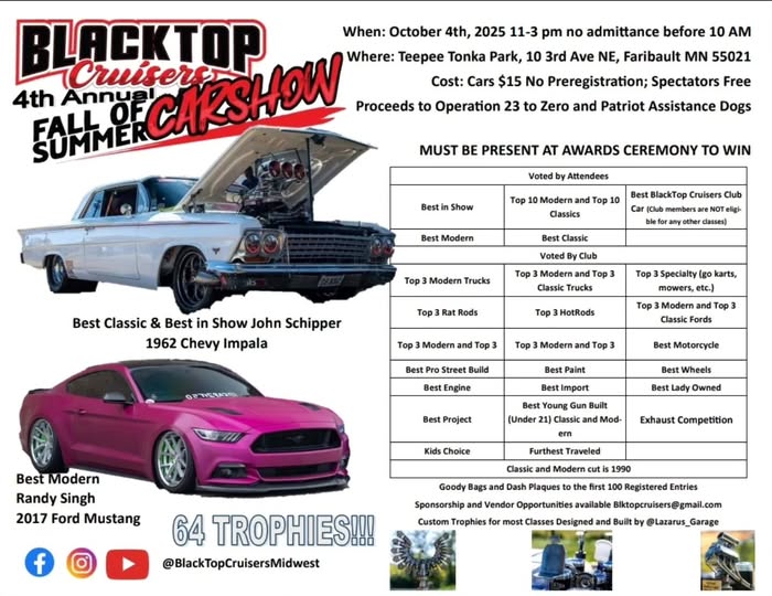 Blacktop Cruisers 4th Annual Fall of Summer Car Show event at Teepee Tonka Park in Faribault, MN on October 4, 2025