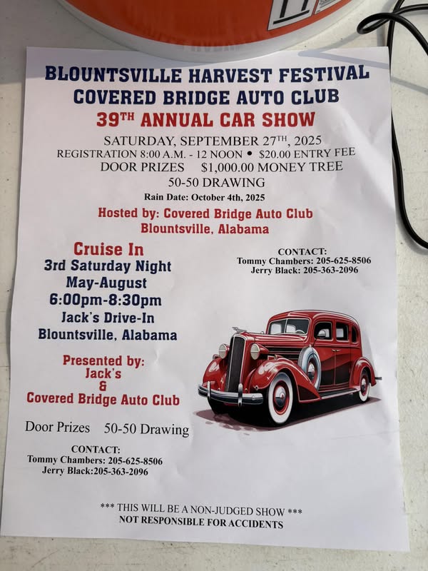 Blountsville Harvest Festival & 39th Annual Car Show event at Jack's Drive-In in Blountsville, AL on September 27, 2025