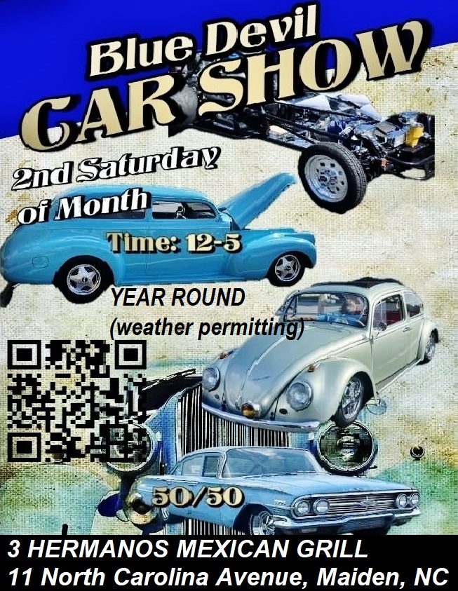 Blue Devil Car Show event at 3 Hermanos Mexican Grill in Maiden, NC on April 8, 2025