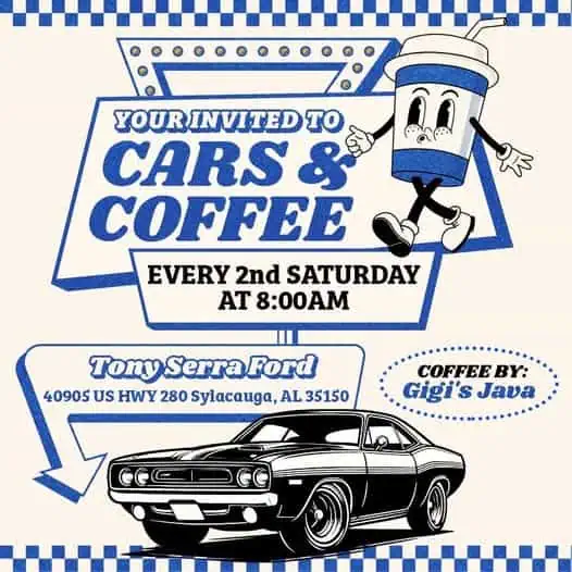 Cars & Coffee event at Tony Serra Ford in Sylacauga, AL on April 8, 2025