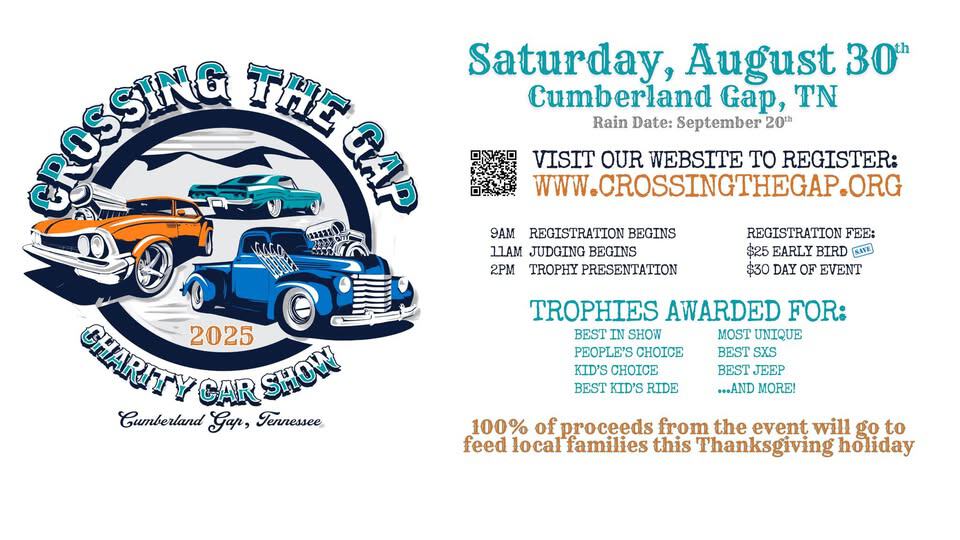 Crossing the Gap Charity Car Show event at 522 Colwyn Ave in Cumberland Gap, TN on August 30, 2025