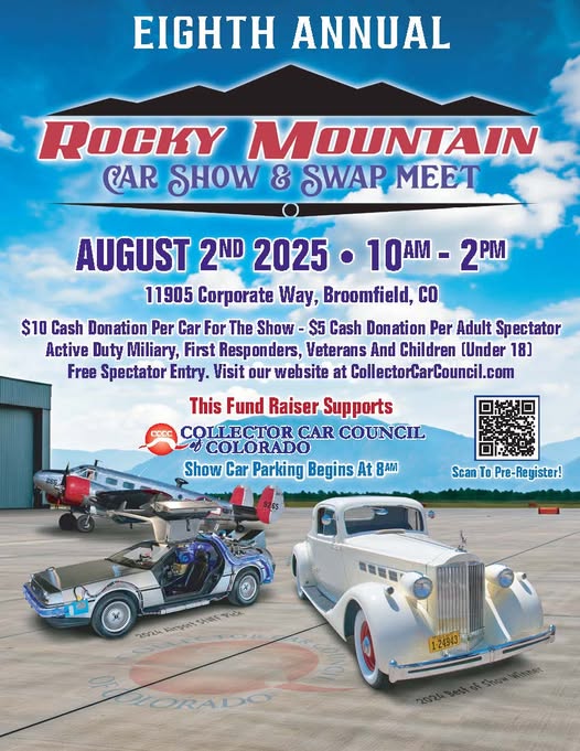 Eighth Annual Rocky Mountain Car Show & Swap Meet event at Collector Car Council in Broomfield, CO on August 2, 2025