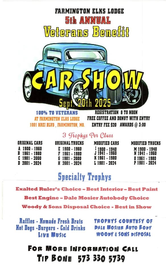 Farmington Elks Veterans Car Show event at 498 Pine St in Farmington, MO on September 20, 2025