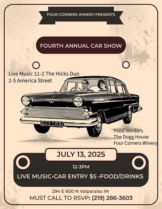 Fourth Annual Car Show at Four Corners Winery event at Four Corners Winery in Valparaiso, IN on July 13, 2025
