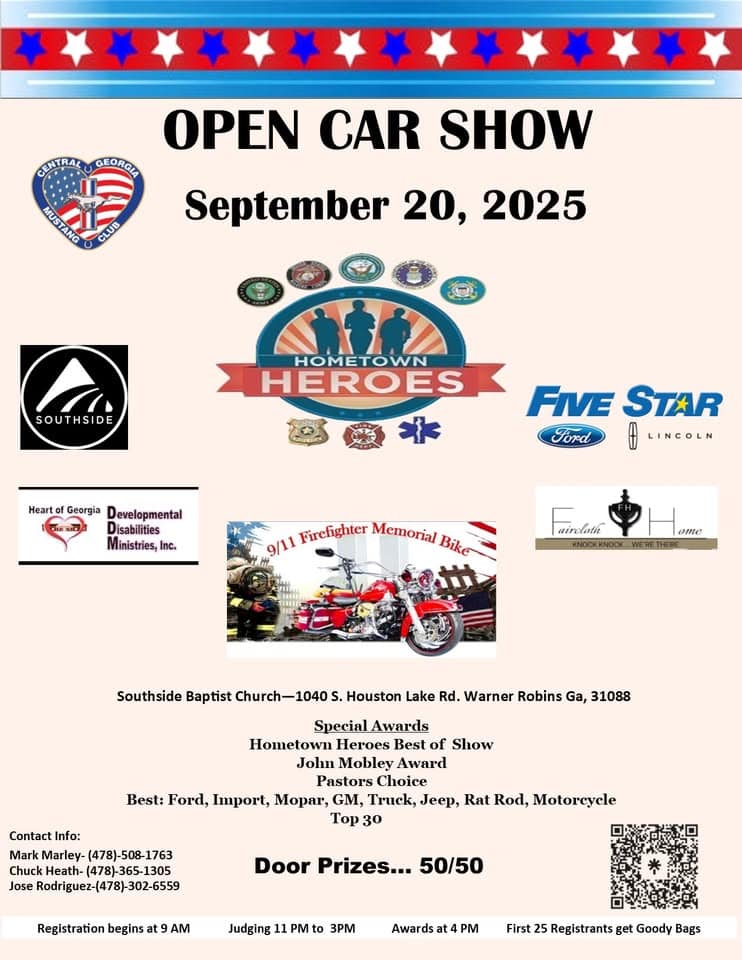 Hometown Heroes Open Car Show event at 1040 S Houston Lake Rd in Warner Robins, GA on September 20, 2025