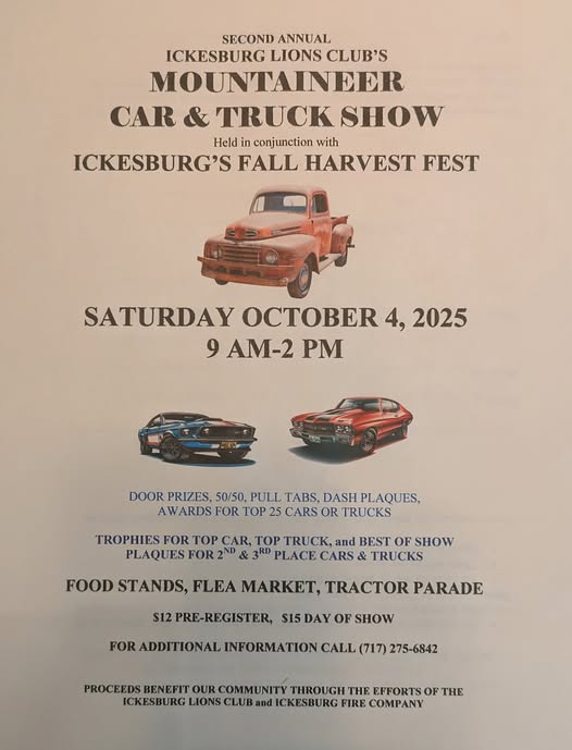 Ickesburg Lions Club's Second Annual Mountaineer Car & Truck Show event at Ickesburg Lions Club in Ickesburg, PA on October 4, 2025