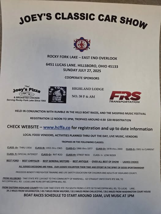 Joey's Classic Car Show event at Rocky Fork Lake-East End Overlook in Hillsboro, OH on July 27, 2025