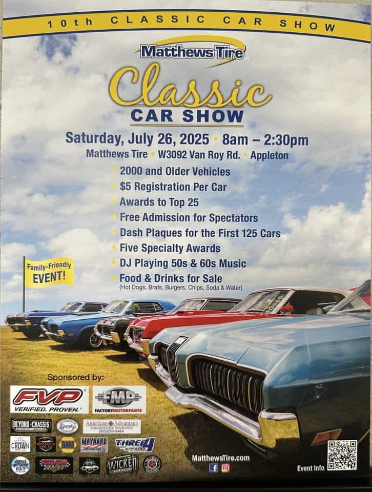 Matthews Tire Car Show 2025 event at W3092 Van Roy Rd. in Appleton, WI on July 26, 2025