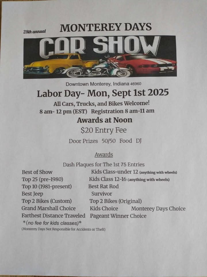 Monterey Days Car Show event at 6212 E Main St in Monterey, IN on September 1, 2025