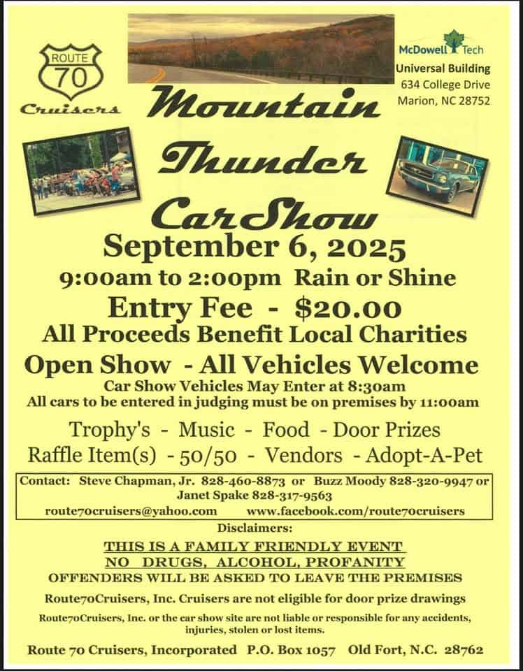 Mountain Thunder CarShow event at 632 College Dr in Marion, NC on September 6, 2025