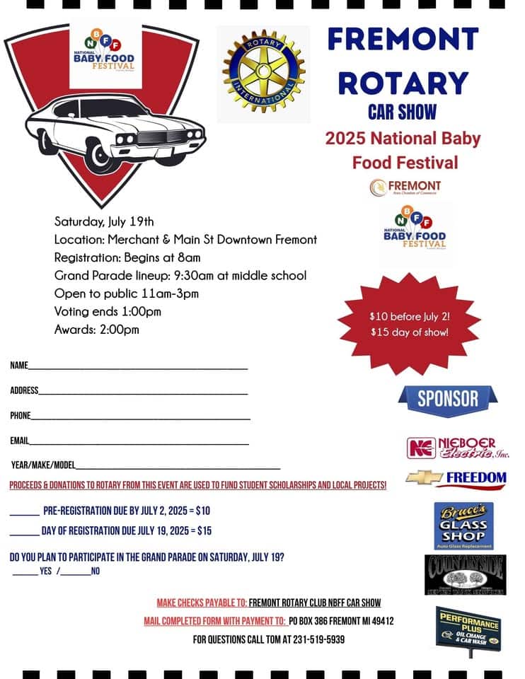 NBFF presents 2025 FREMONT ROTARY CAR SHOW event at 101 E Main St in Fremont, MI on July 19, 2025