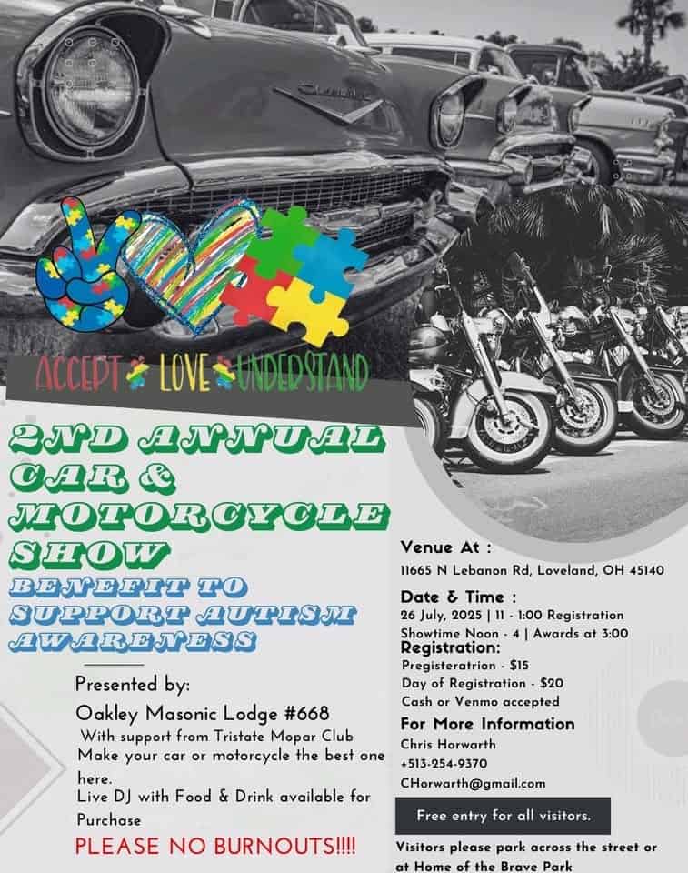 Oakley Car & Bike Show, Benefit for Autism Awareness event at 11665 N Lebanon Rd in Loveland, OH on July 26, 2025