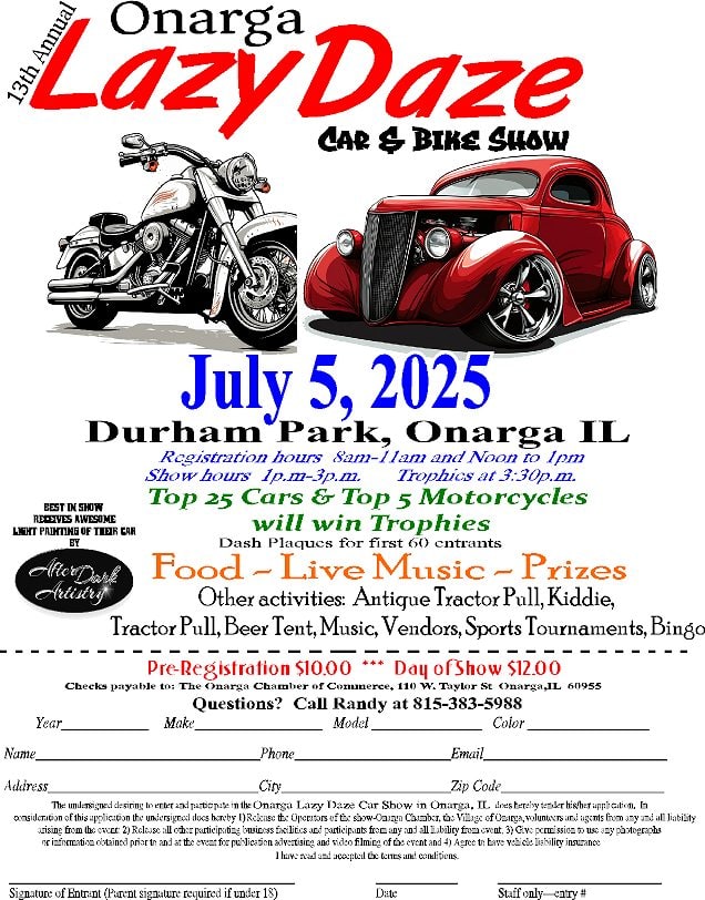 Onarga Lazy Daze Car Show event at 619 W Lincoln Ave in Onarga, IL on July 5, 2025