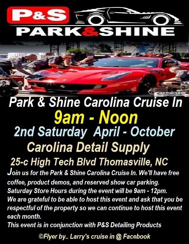 Park & Shine Carolina Cruise In event at Carolina Detail Supply in Thomasville, NC on April 8, 2025