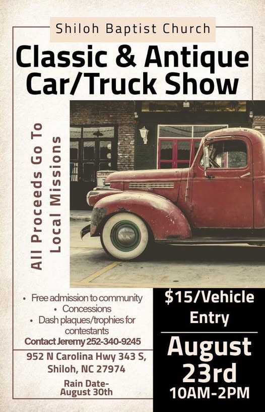 Shiloh Baptist Church Classic & Antique Car/Truck Show event at Shiloh Baptist Church in Shiloh, NC on August 23, 2025