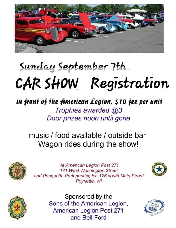 Son's of American Legion Squadron 271 Car Show event at 131 N Washington St in Poynette, WI on September 7, 2025