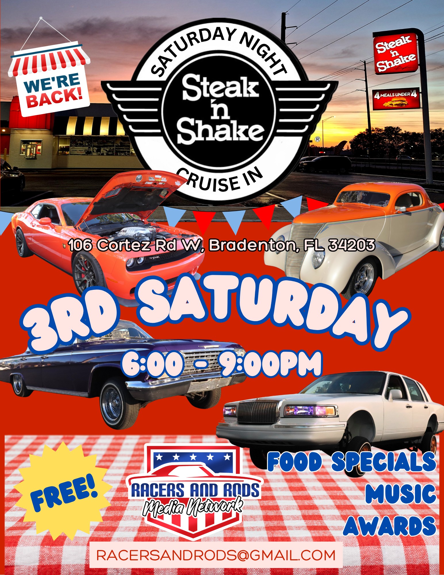 Storic Share Saturday Night Steak 'n Shake Cruise-In event at Steak 'n Shake in Bradenton, FL on April 15, 2025