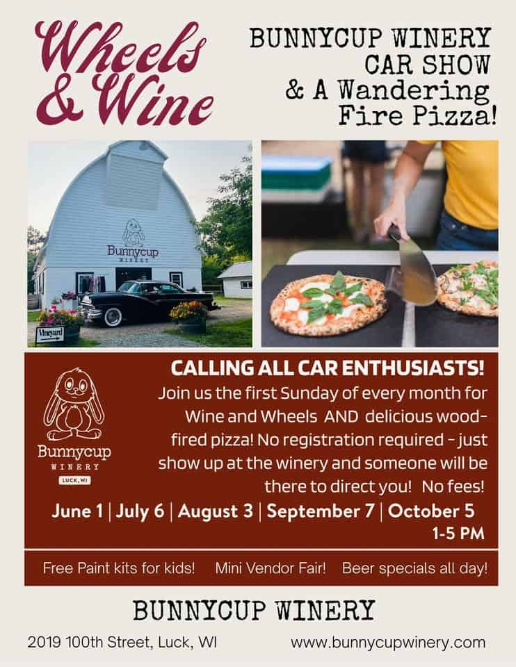 Unfussy Sunday Car Show and A Wandering Fire Wood Fired Pizza! event at Bunnycup Winery in Balsam Lake, WI on June 1, 2025