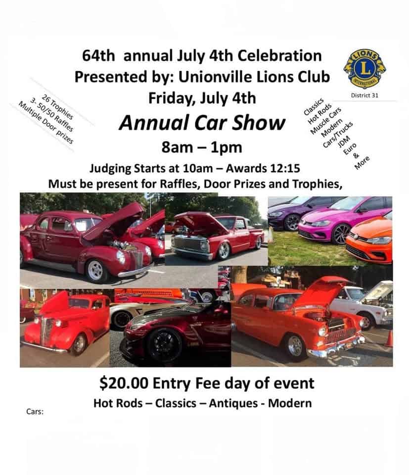 Unionville 4th of July Festival Car Show event at 1004 E Unionville Indian Trail Rd in Monroe, NC on July 4, 2025