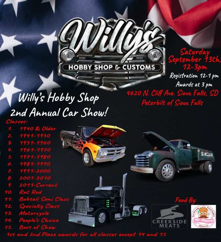 Willy’s Hobby Shop 2nd Annual Car Show! event at 4620 N Cliff Ave in Sioux Falls, SD on September 13, 2025