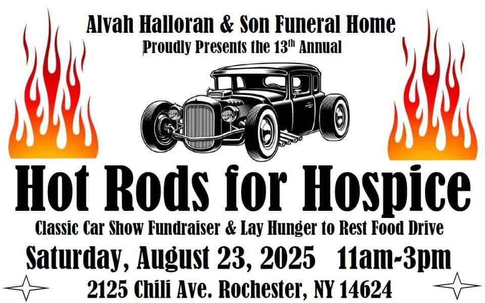 13th Annual Hot Rods for Hospice Classic & Custom Car Show Fundraiser event at 2125 Chili Ave in Rochester, NY on August 23, 2025