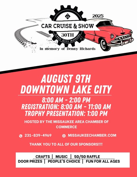 30th Annual City Car Cruise & Show event at Downtown Lake City in Lake City, MI on August 9, 2025