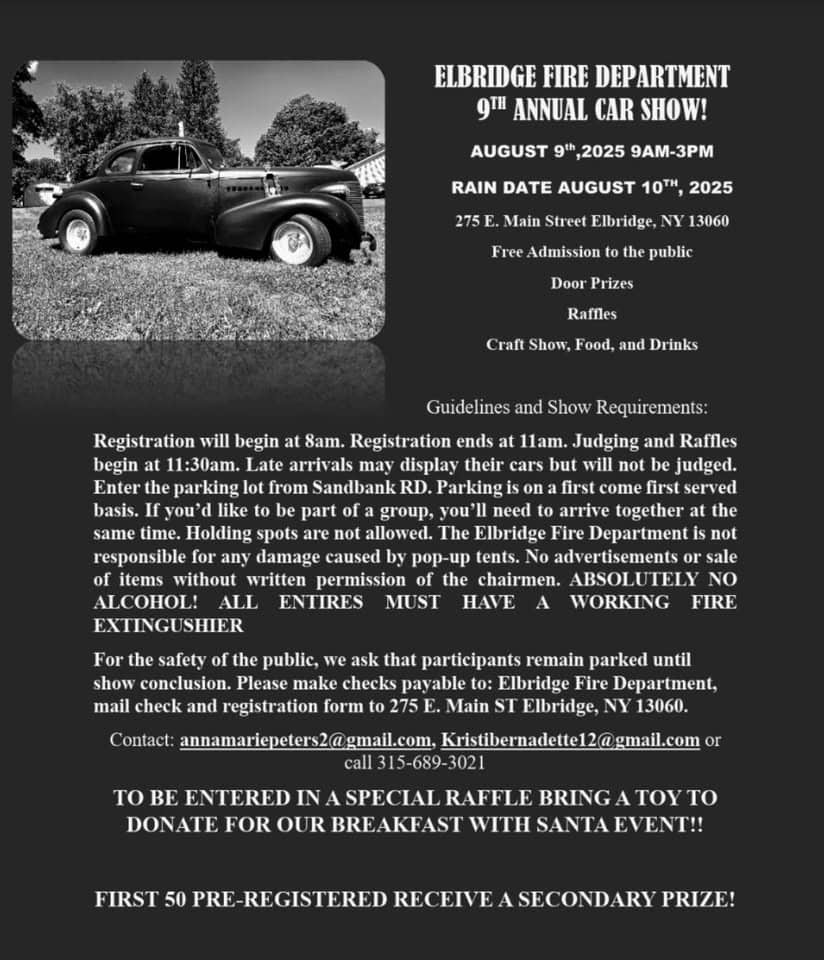 9th Annual Car Show event at 275 E Main St in Elbridge, NY on August 9, 2025