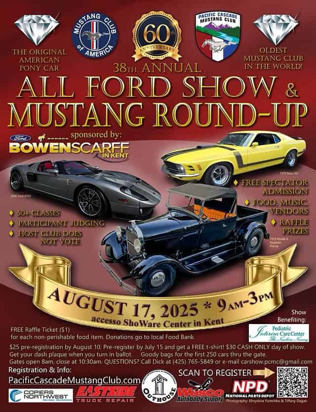 All Ford and Mustang Round-up event at 625 W James St in Kent, WA on August 17, 2025