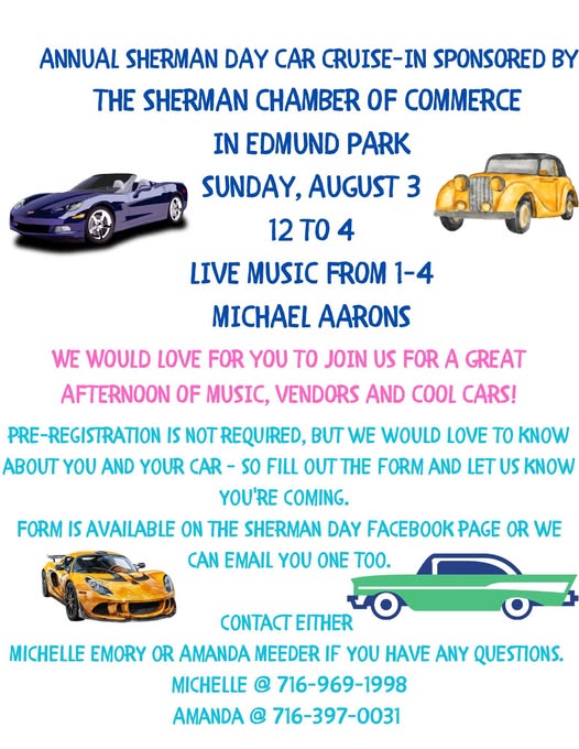 Annual Sherman Day Car Cruise-In event at Edmund Park in Sherman, NY on August 3, 2025